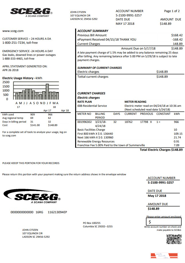 USA South Carolina SCE&G electricity utility bill template in Word and PDF format